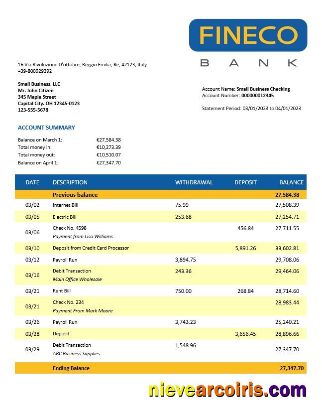 Finecobank company account statement